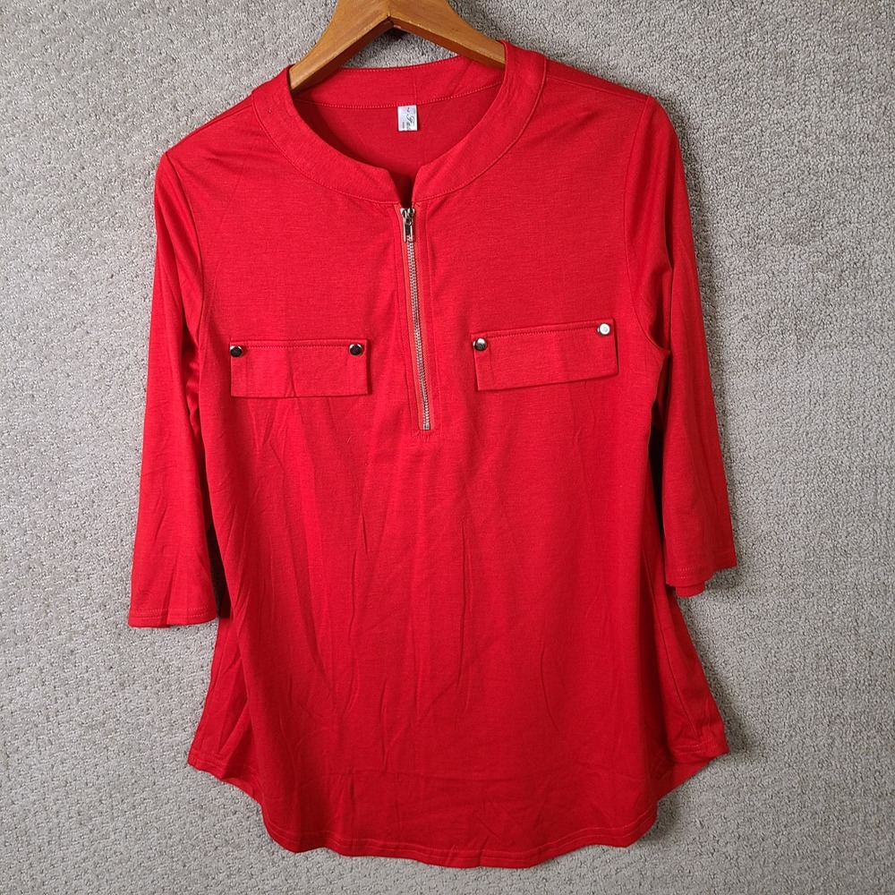 Fashion Shirt Womens Large Red Quarter Zip 3/4 Sleeve Polyester Spandex Casual
